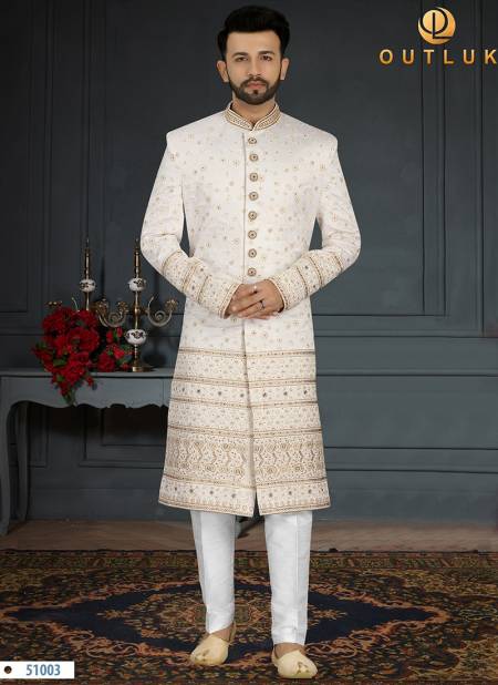 White Colour Heavy Designer Wedding Wear Sherwani Groom Latest Collection 51003